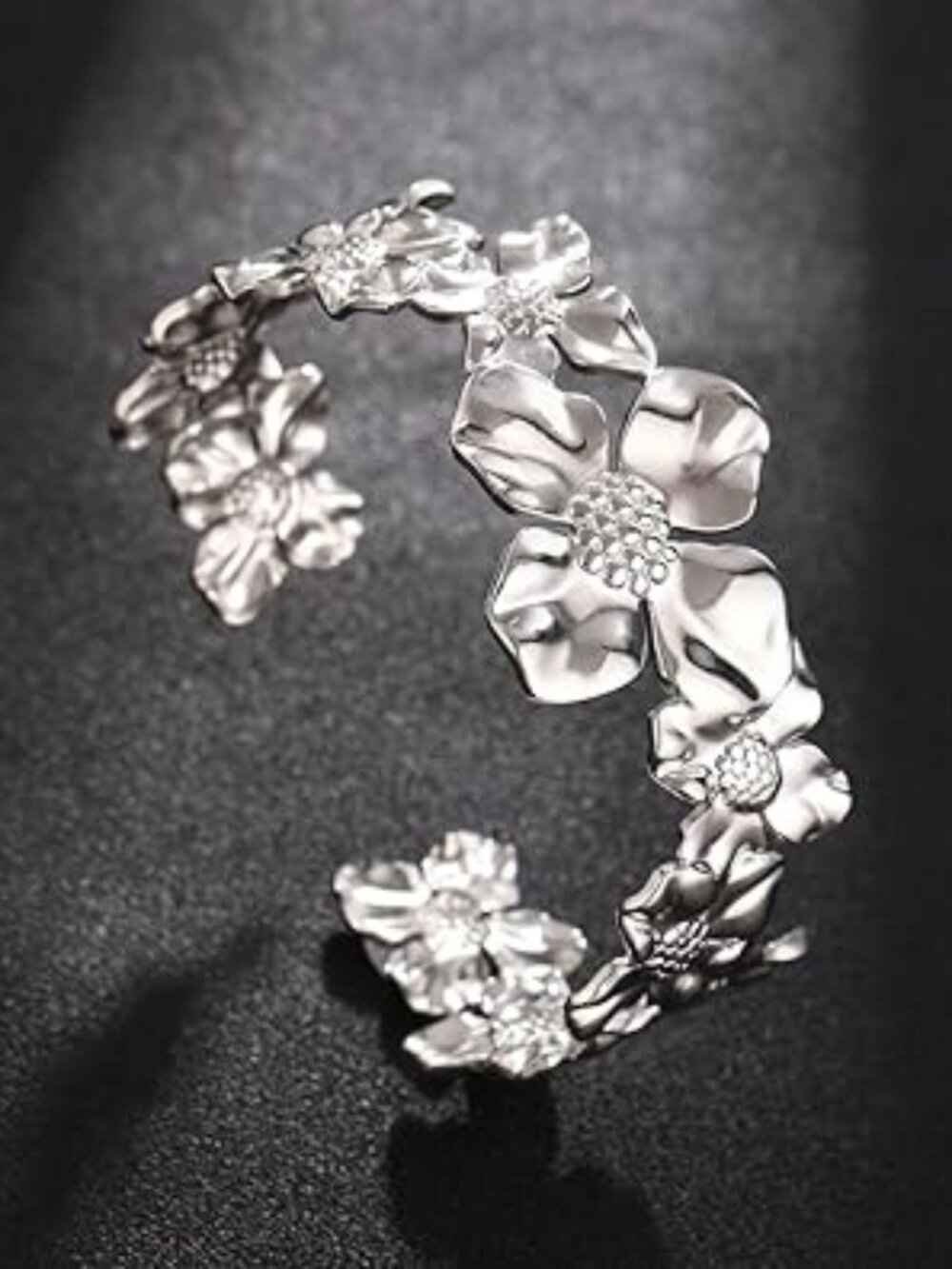 Silver Flower Cuff Bracelet Chunky Statement Jewelry